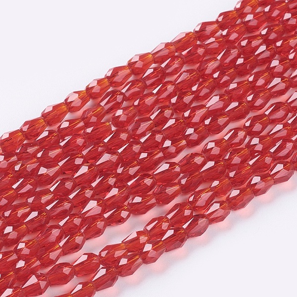 

PandaHall Faceted Glass Beads Strands, teardrop, FireBrick, 5x3mm, Hole: 0.5mm, about 85~95pcs/strand, 16.5~18.7 inch(42~47.5cm) Glass..., Red