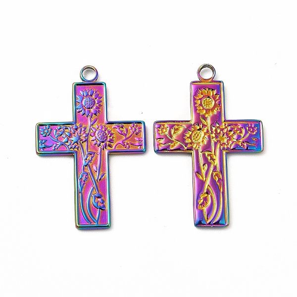 

PandaHall Ion Plating(IP) 304 Stainless Steel Pendants, Cross with Sunflower Charm, Rainbow Color, 35x23x1.8mm, Hole: 2.5mm 304 Stainless...