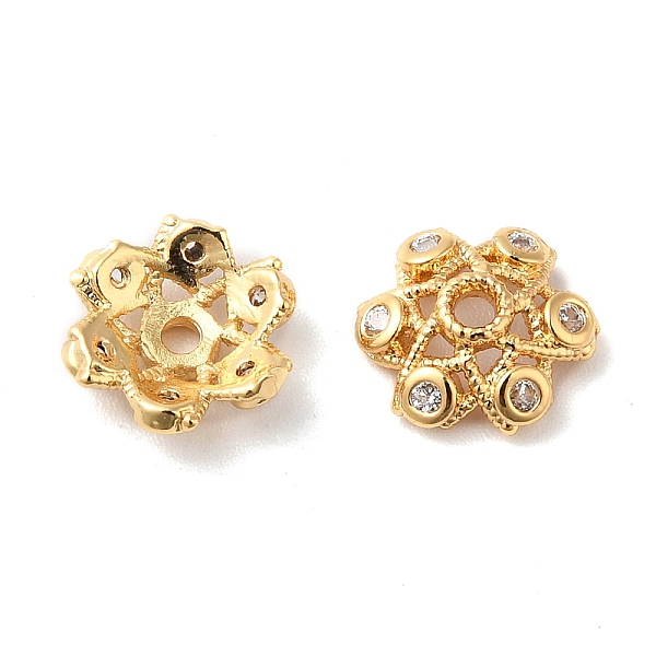 

PandaHall Brass Micro Pave Cubic Zirconia Bead Cap, 6-Petal Flower, Real 18K Gold Plated, 9.5x3mm, Hole: 1.5mm Brass+Cubic Zirconia Clear