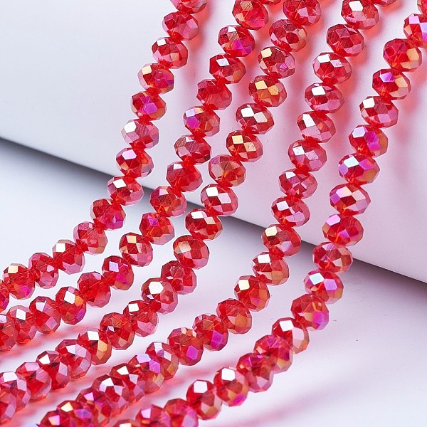 

PandaHall Electroplate Glass Beads Strands, AB Color Plated, Faceted, Rondelle, Red, 2.5x2mm, Hole: 0.4mm, about 150~155pcs/strand, 32~33cm...