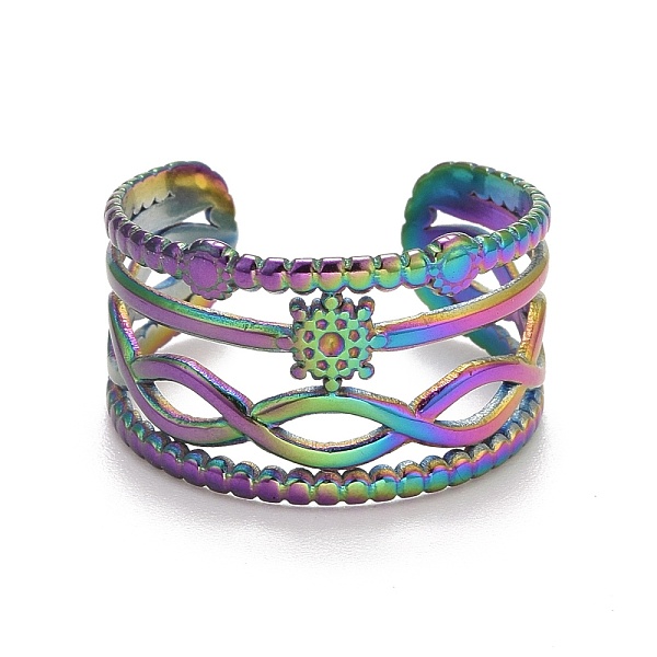 

PandaHall Rainbow Color Ion Plating(IP) 304 Stainless Steel Snowflake Open Cuff Ring for Women, US Size 9(18.9mm) 304 Stainless Steel