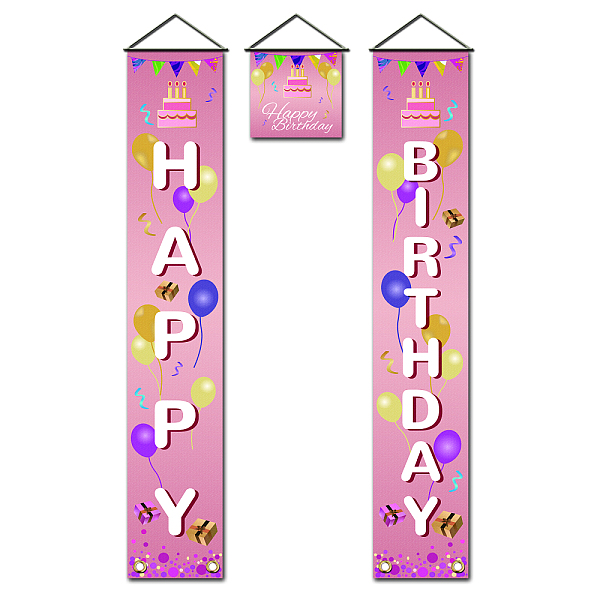 PandaHall Polyester Hanging Sign for Home Office Front Door Porch Decorations, Rectangle & Square, Word Happy Birthday, Pink, 180x30cm and...