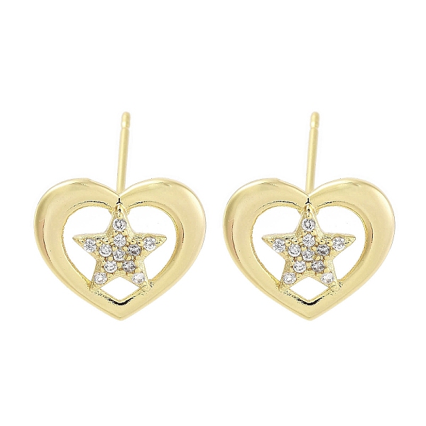 

PandaHall Brass Micro Pave Clear Cubic Zirconia Studs Earring for Women, Heart, Real 18K Gold Plated, 11.5x13.5mm Brass Heart Clear
