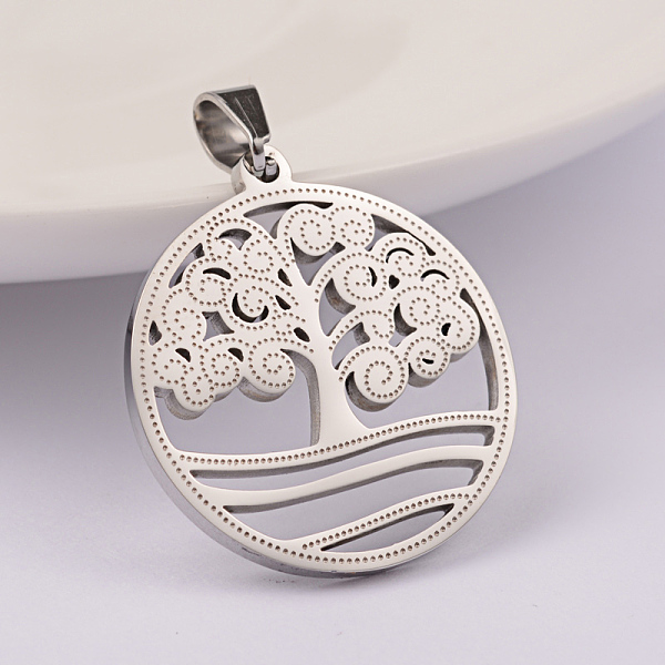 

PandaHall 304 Stainless Steel Pendants, Flat Round with Tree, Stainless Steel Color, 27x25x2mm, Hole: 6x4mm 304 Stainless Steel Flat Round