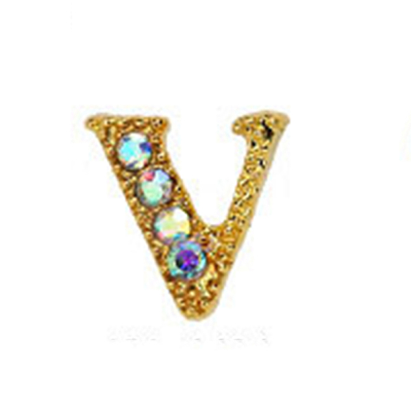 

PandaHall Alloy Gold Rhinetone Letters Nail Stud Cabochons, 3D Capital Alphabet, for Women Girls DIY Making Nail Art Design, Letter.V..., Clear