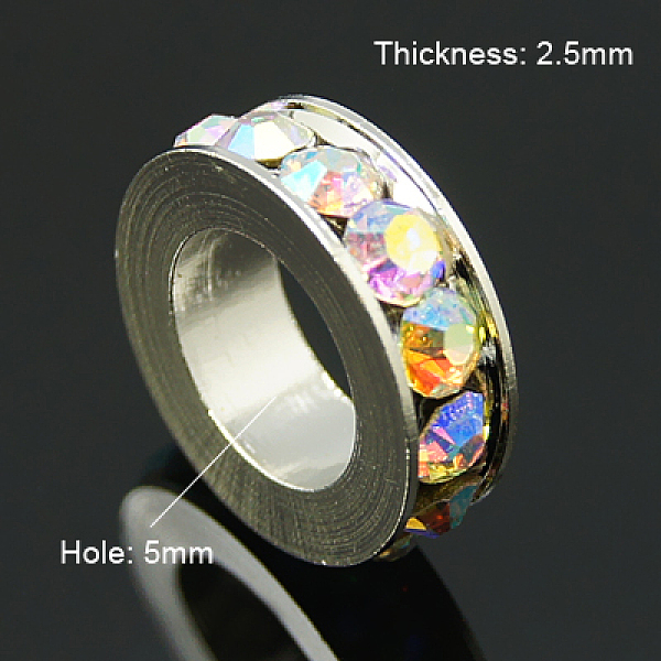 

PandaHall Brass Rhinestone Spacer Beads, Grade A, Platinum Metal Color, Colorful, 8x2.5mm, Hole: 5mm Brass+Rhinestone Flat Round Multicolor