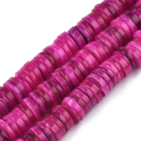 

PandaHall Natural Freshwater Shell Beads Strands, Dyed, Heishi Beads, Flat Round/Disc, Medium Violet Red, 8x1~2.5mm, Hole: 0.8mm, about...