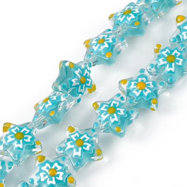 

PandaHall Handmade Lampwork Beads Strands, with Enamel, Star with Sakura Pattern, Cyan, 13x13.5x12mm, Hole: 1mm, about 33pcs/strand, 14.72...