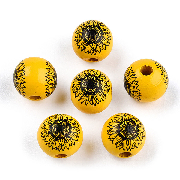 

PandaHall Spray Painted Wood Beads, Printed Beads, Round, Gold, 15~16x14~15mm, Hole: 3~4mm Wood Flower Gold