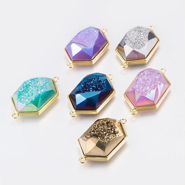 PandaHall Electroplated Natural Druzy Quartz Crystal Links connectors, with Brass Finding, Hexagon, Faceted, Golden, Mixed Color