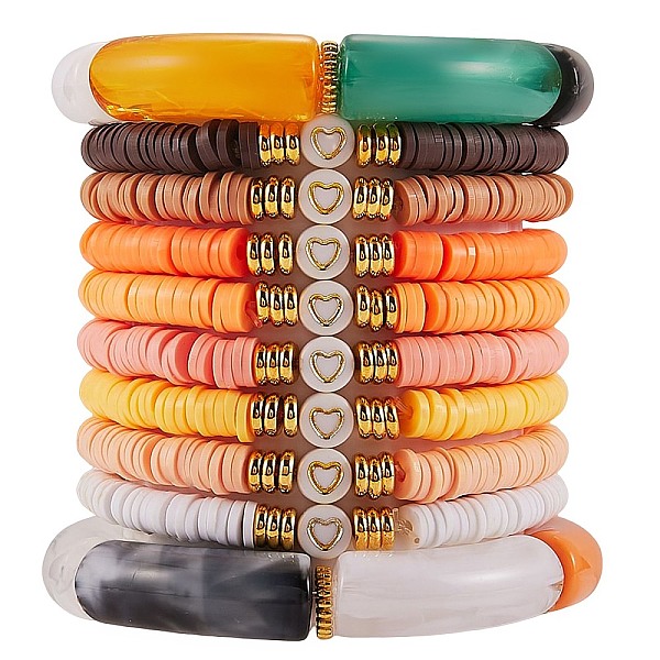 

PandaHall 10Pcs 10 Style Handmade Polymer Clay Heishi Beaded Stretch Bracelets Set with Heart, Acrylic Chunky Curved Tube Bracelets for..., Orange