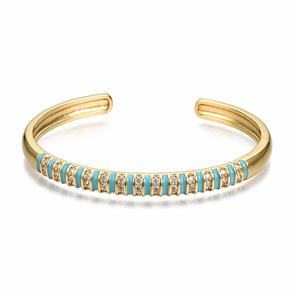 

PandaHall Brass Micro Pave Clear Cubic Zirconia Cuff Bangles, with Enamel, Nickel Free, Real 16K Gold Plated, Sky Blue, Inner Diameter...