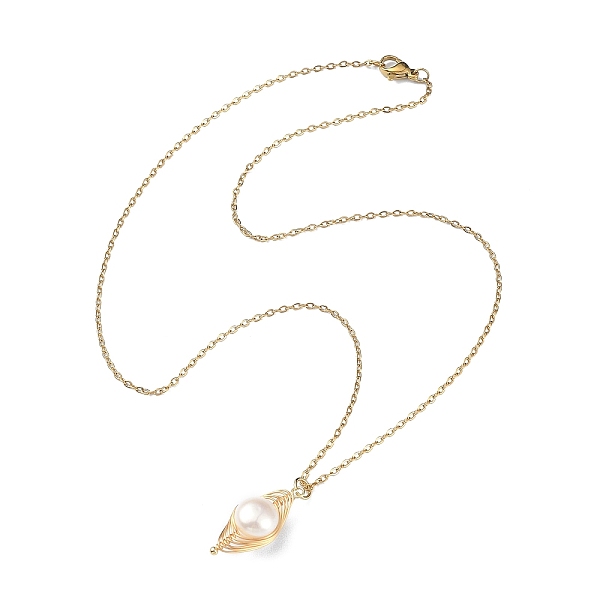 

PandaHall Natural Pearl Pendant Necklace, 304 Stainless Steel Wire Wrap Jewelry for Women, Golden, 17.68 inch(44.9cm) Pearl Orange