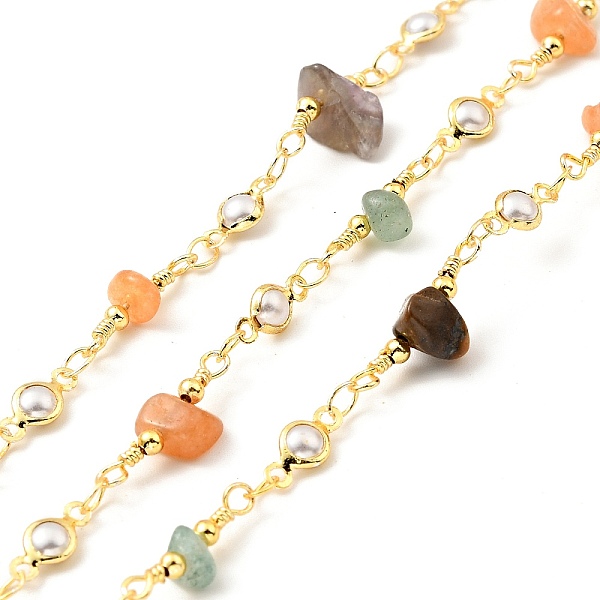 

PandaHall Natural Mixed Gemstone Chips & Glass Pearl Beaded Chains, with Brass Findings, Lead Free & Cadmium Free, Soldered, with Spool..., White