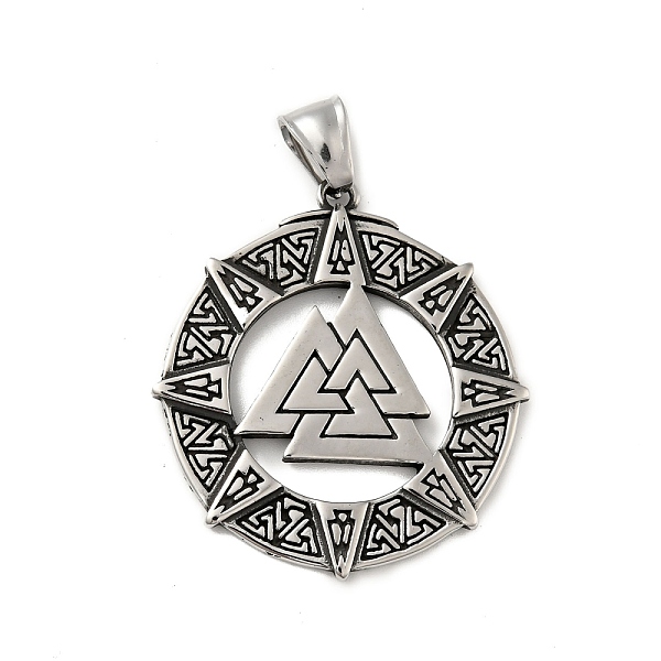 PandaHall 304 Stainless Steel Pendants, Viking Valknut Symbol, Flat Round with Triangle, Antique Silver, 42x38x2mm, Hole: 8x4mm 304...
