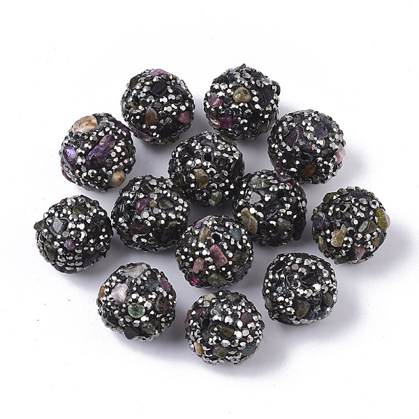 

PandaHall Polymer Clay Rhinestone Beads, with Natural Tourmaline Chips, Round, 16~18mm, Hole: 1.6mm Tourmaline Round Black