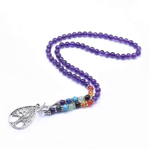 

PandaHall Tibetan Style Alloy Pendant Necklaces, with Natural Amethyst Beads and Toggle Clasps, Teardrop with Tree , 21.2 inch(54cm)..., Purple