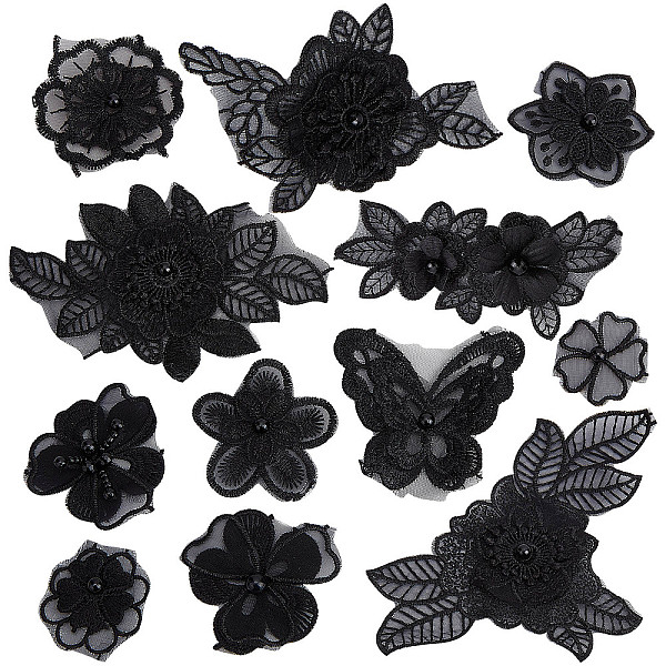 PandaHall Computerized Embroidery Organza Sew on Patches, Costume Accessories, Appliques, with Plastic Beads, Flower & Butterfly, Black...