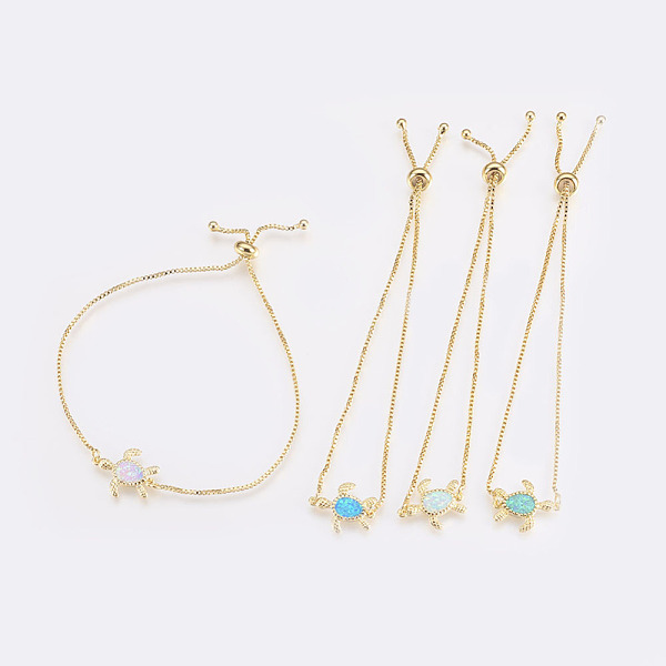 

PandaHall Adjustable Brass Bolo Bracelets, Slider Bracelets, Box chains, with Synthetic Opal, Turtle, Golden, Mixed Color, 9-1/2 inch..., Multicolor