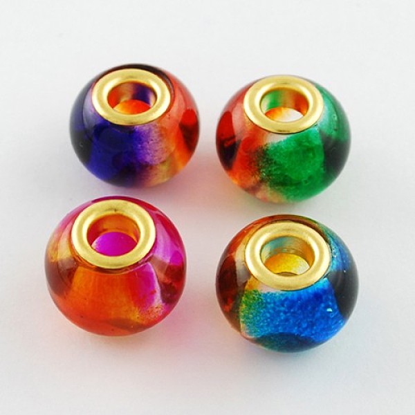 

PandaHall Mixed Large Hole Rondelle Two Tone Spray Painted Glass European Beads, with Golden Plated Brass Double Core, 15x12mm, Hole: 5mm..., Multicolor