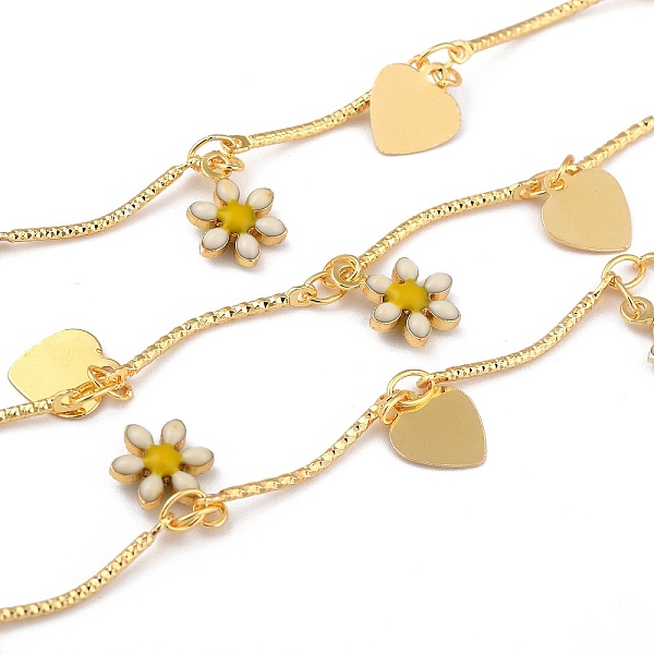 PandaHall Brass Bar Link Chain, with Enamel Charms, Long-Lasting Plated, with Spool, Soldered, Daisy Flower & Heart, Golden, Flower...
