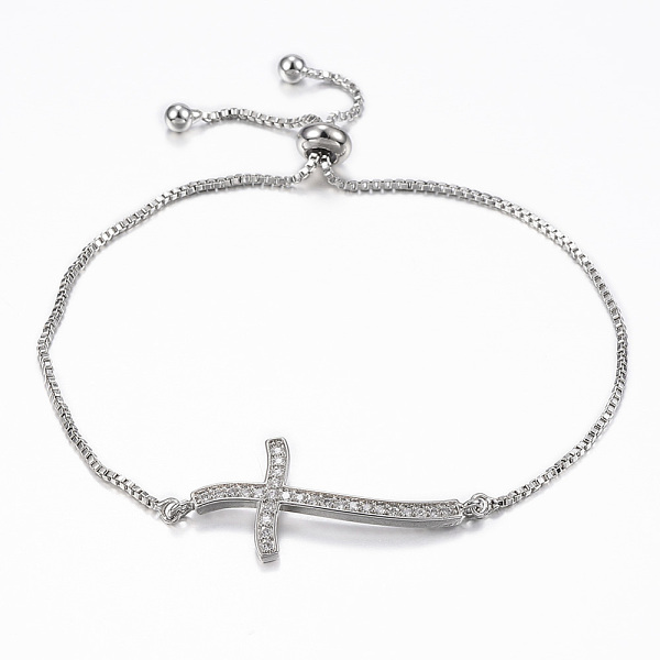 

PandaHall Adjustable Brass Micro Pave Cubic Zirconia Slider Bracelets, Bolo Bracelets, Cross, Platinum, 10-1/4 inch(260mm), 1.2mm Cubic..., Clear