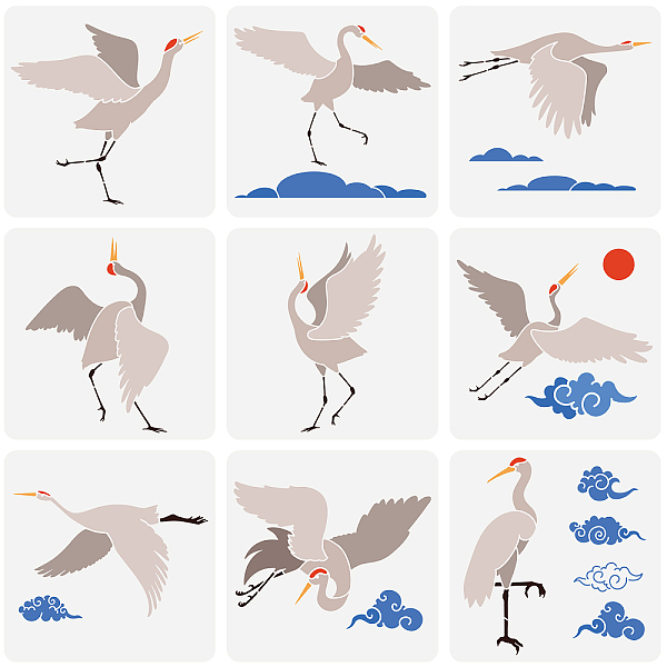 PandaHall FINGERINSPIRE 9 Pcs Crane Stencil 11.8x11.8 inch Auspicious Clouds Stencils Template Plastic Flying Crane Stencils for Painting...