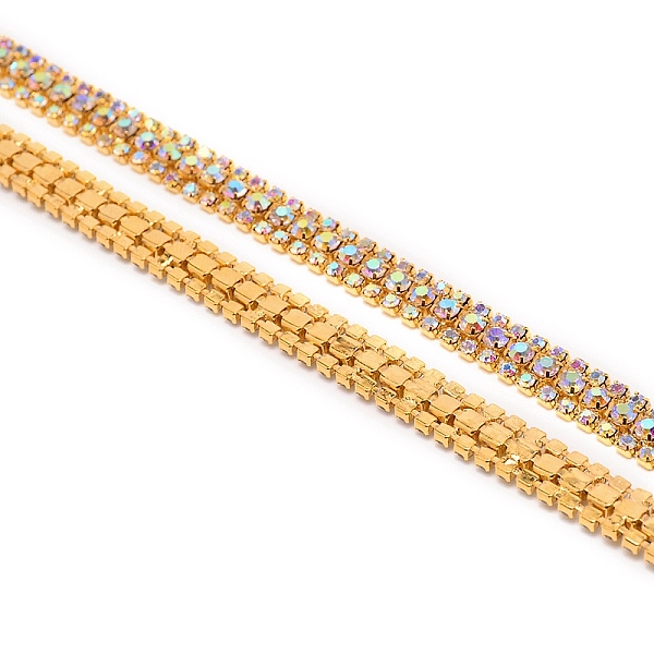 

PandaHall Zinc Alloy Rhinestone Strass Chains, Three Rhinestone Cup Chains, with Spool, Golden, Crystal AB, 8.5x3.5mm Alloy+Rhinestone Clear