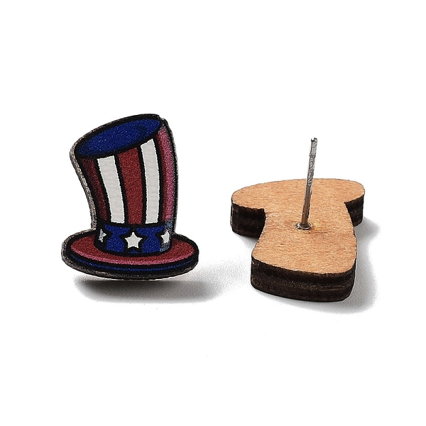 

PandaHall Independence Day Wood Stud Earrings, with 304 Stainless Steel Pins, Hat, 17x14mm Wood Hat