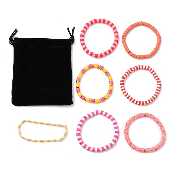 

PandaHall 7Pcs 7 Style Polymer Clay Heishi Surfer Stretch Bracelets Set, Glass Seed Bracelets, Preppy Jewelry for Women, Cerise, Inner..., Red