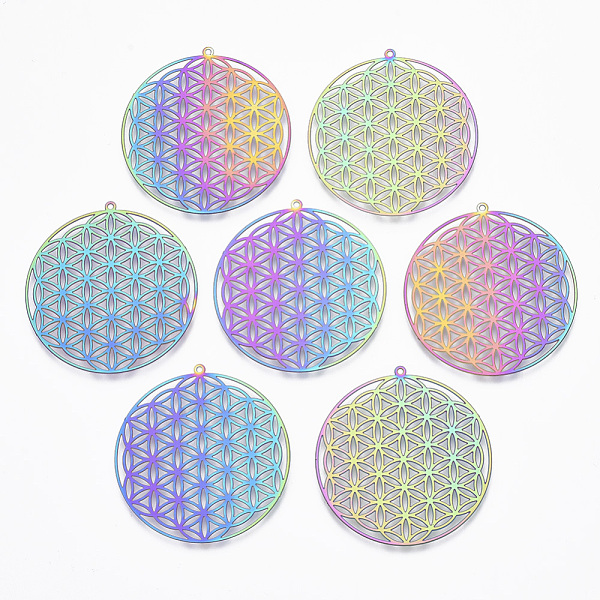 

PandaHall Ion Plating(IP) 201 Stainless Steel Filigree Pendants, Spiritual Charms, Etched Metal Embellishments, Flower of Life, Rainbow...