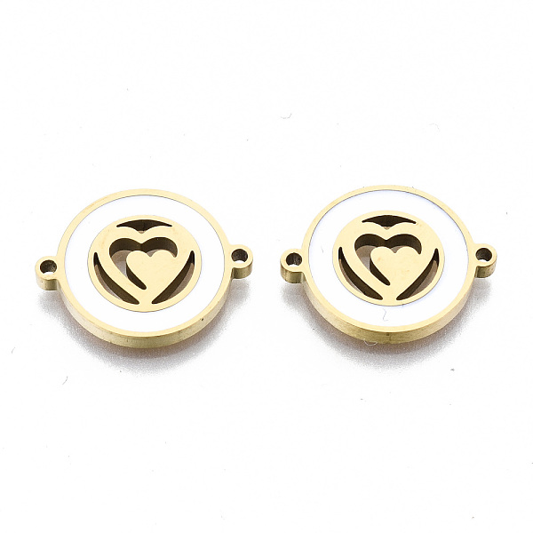 PandaHall 304 Stainless Steel Enamel Links Connectors, Laser Cut, Flat Round with Heart, White, Golden, 14.5x18.5x2mm, Hole: 1.2mm 304...