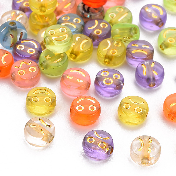 

PandaHall Transparent Mixed Color Acrylic Beads, Metal Enlaced, Flat Round with Mixed Expression, Golden Plated, 7x3.5mm, Hole: 1.5mm, about..., Multicolor