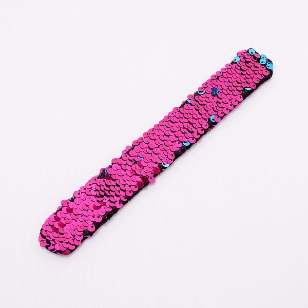 PandaHall Mermaid Slap Bracelets, Two-color Reversible Charm Sequins Flip Wristbands, Deep Pink, 214x28x5.5mm Plastic Pink