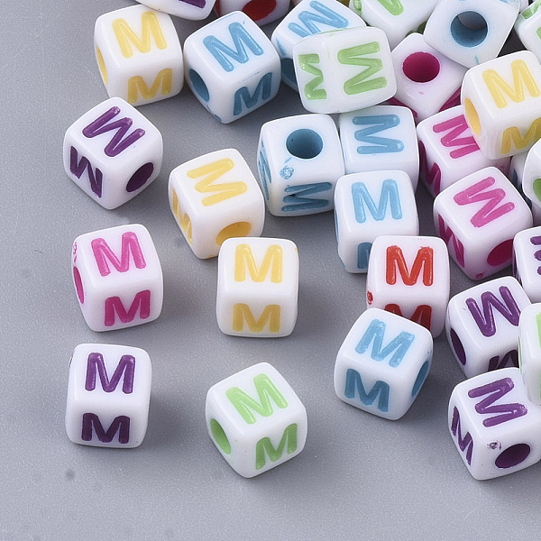 

PandaHall White Opaque Acrylic Beads, Horizontal Hole, Cube with Mixed Color Letter, Letter.M, 5x5x5mm, Hole: 2mm, about 5000pcs/500g..., Multicolor