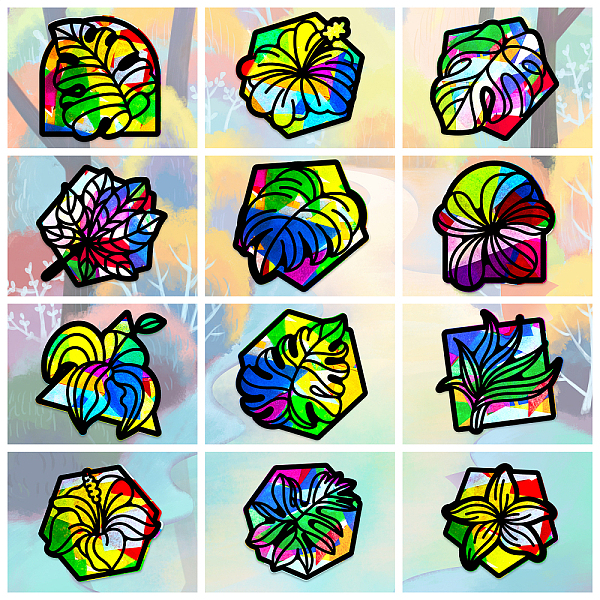 PandaHall Suncatcher Craft Set, for Kids Window Paint Art Painting, Plants Pattern, 19.9~21x7.6~21cm, about 12pcs/set Paper Other Plants...