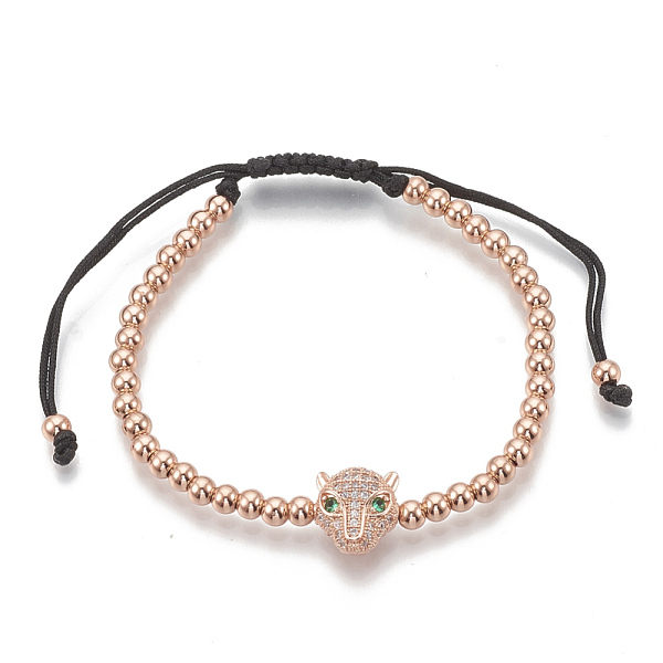 

PandaHall Brass Braided Bead Bracelets, with Micro Pave Cubic Zirconia and Polyester Cord, Leopard Head, Clear, Rose Gold, 1-3/4 inch...