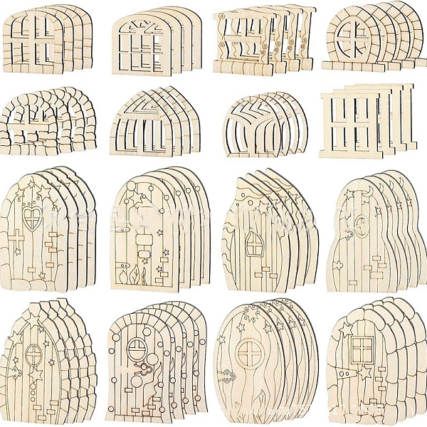 

PandaHall Wooden Fairy Door Figurines Ornaments, for Garden Courtyard Tree Decoration, Cornsilk, 34~100x34~64mm, 64pcs/set Wood Others Gold