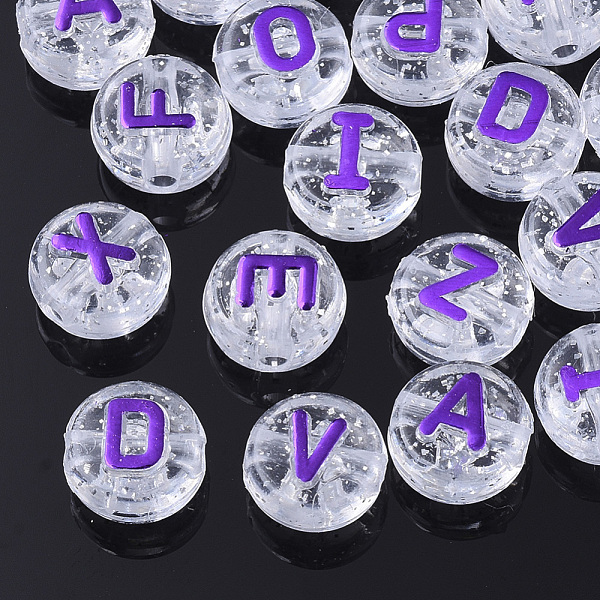 

PandaHall Plating Transparent Acrylic Beads, with Glitter Powder, Metal Enlaced, Horizontal Hole, Flat Round with Letter, Blue Violet..., Purple