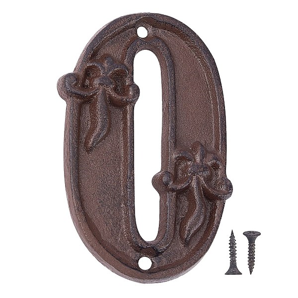 PandaHall Iron Home Address Number, with 2pcs Screw, Num.0, 116x72x10.5mm, Hole: 5mm Iron Number Brown