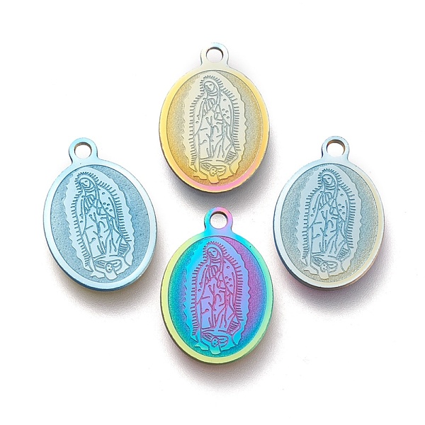 

PandaHall Ion Plating(IP) 304 Stainless Steel Lady of Guadalupe Charms, Laser Cut, Oval with Virgin Mary, Rainbow Color, 16x11x0.5mm, Hole...