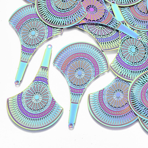 

PandaHall Ion Plating(IP) 304 Stainless Steel Filigree Big Pendants, Etched Metal Embellishments, Fan, Rainbow Color, 63x37.5x0.3mm, Hole...