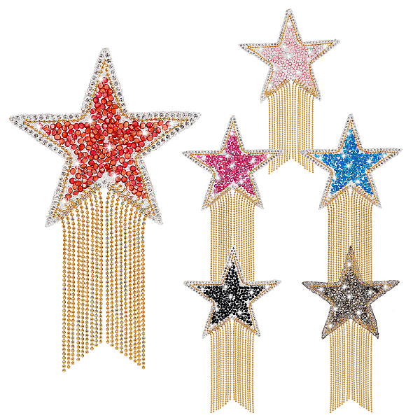 

PandaHall 6 Colors Star Patches, Rhinestone Fashion Appliques Sparkling Clothes Patch Tassel Star Iron on Patch with Chains for Clothing..., Multicolor