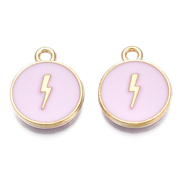 

PandaHall Alloy Enamel Pendants, Cadmium Free & Nickel Free & Lead Free, Light Gold, Flat Round with Lightning Bolt, Pink, 16x13x2mm, Hole...