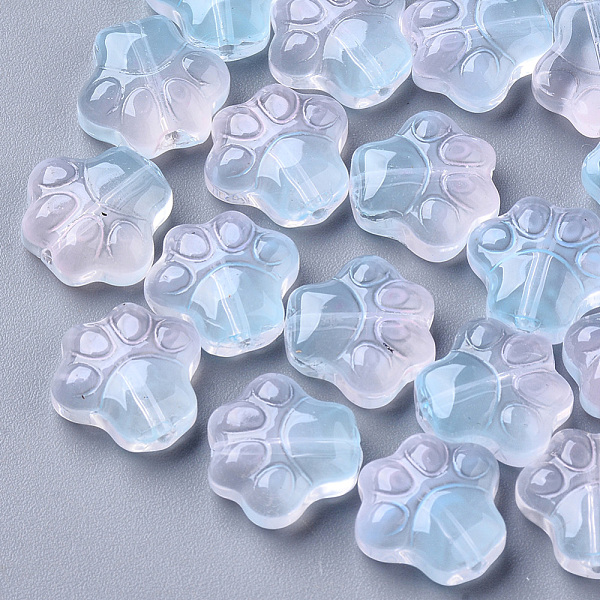 

PandaHall Two Tone Transparent Spray Painted Glass Beads, Dog Paw Prints, Light Sky Blue, 11x12x4.5mm, Hole: 1mm Glass Dog Blue