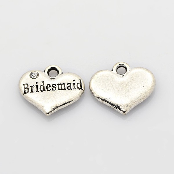 

PandaHall Mixed Wedding Theme Alloy Heart with Words Pendants, with One Rhinestone, Antique Silver, 14x16x3mm, Hole: 2mm Alloy Heart