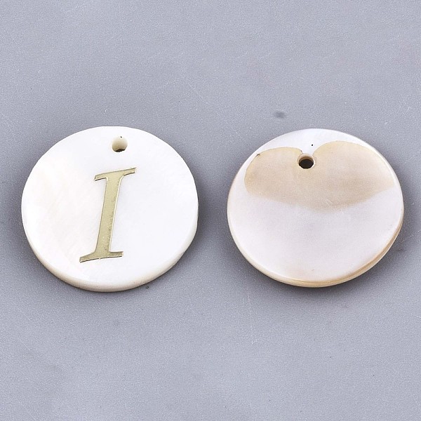 

PandaHall Natural Freshwater Shell Pendants, with Golden Plated Brass Etched Metal Embellishments, Flat Round with Letter, Letter.I, 15x2mm...