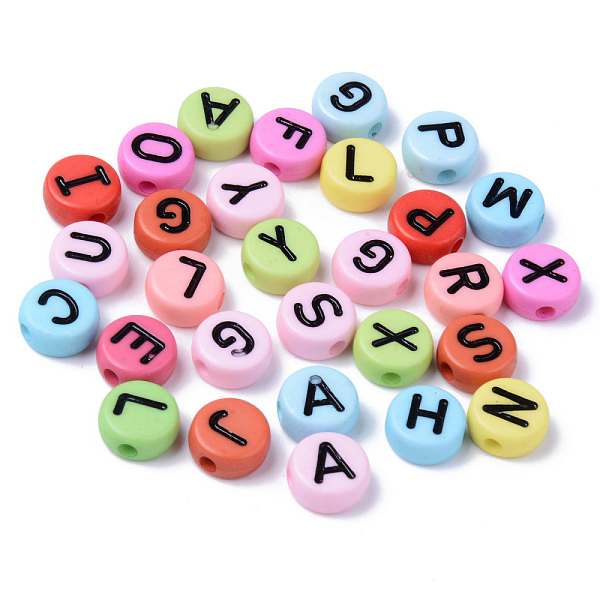 

PandaHall Opaque Acrylic Beads, Horizontal Hole, Flat Round with Black Random Letters, Mixed Color, 10x4.5mm, Hole: 2mm, about 1600pcs/500g..., Multicolor
