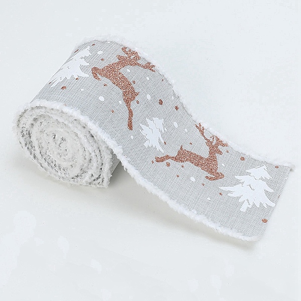 PandaHall Christmas Theme Wired Linen Ribbon, Fuzzy Edged Ribbon, Deer & Christmas Tree Print, Light Grey, 2-1/2 inch(65mm), about 10.94...