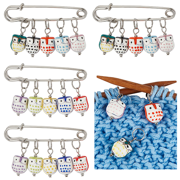 

PandaHall 10Pcs 10 Colors Printed Handmade Porcelain Stitch Markers, Crochet Leverback Hoop Charms, with Iron Brooch Findings, Owl, Mixed..., Multicolor